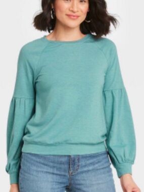 Knox Rose Teal Puff-Sleeve Pullover Sweater NWT Size L